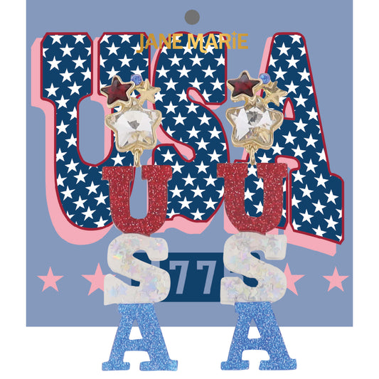 Red, White, Blue "USA" Acrylic with Multiple Stars Post Earring