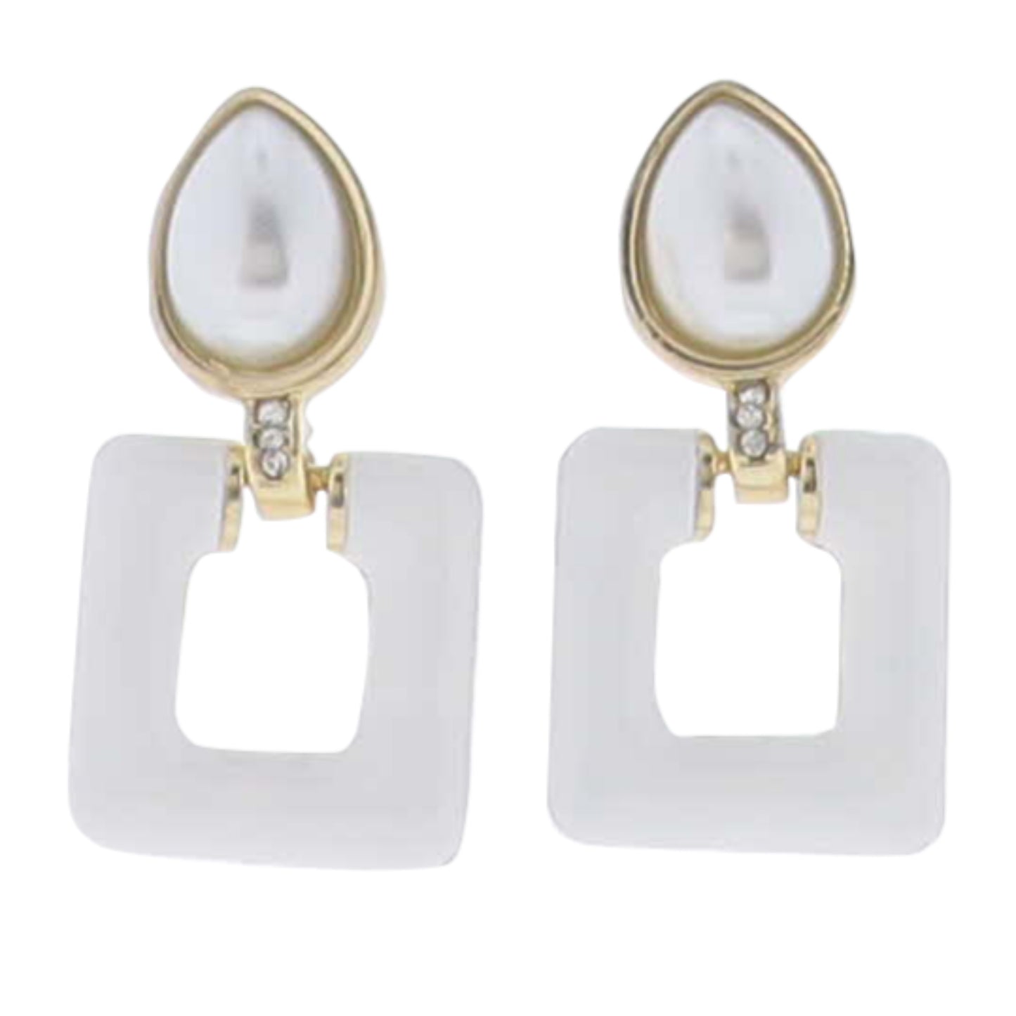 White Enamel Open Square with White Pearl Teardop & Crystal Connector Earring