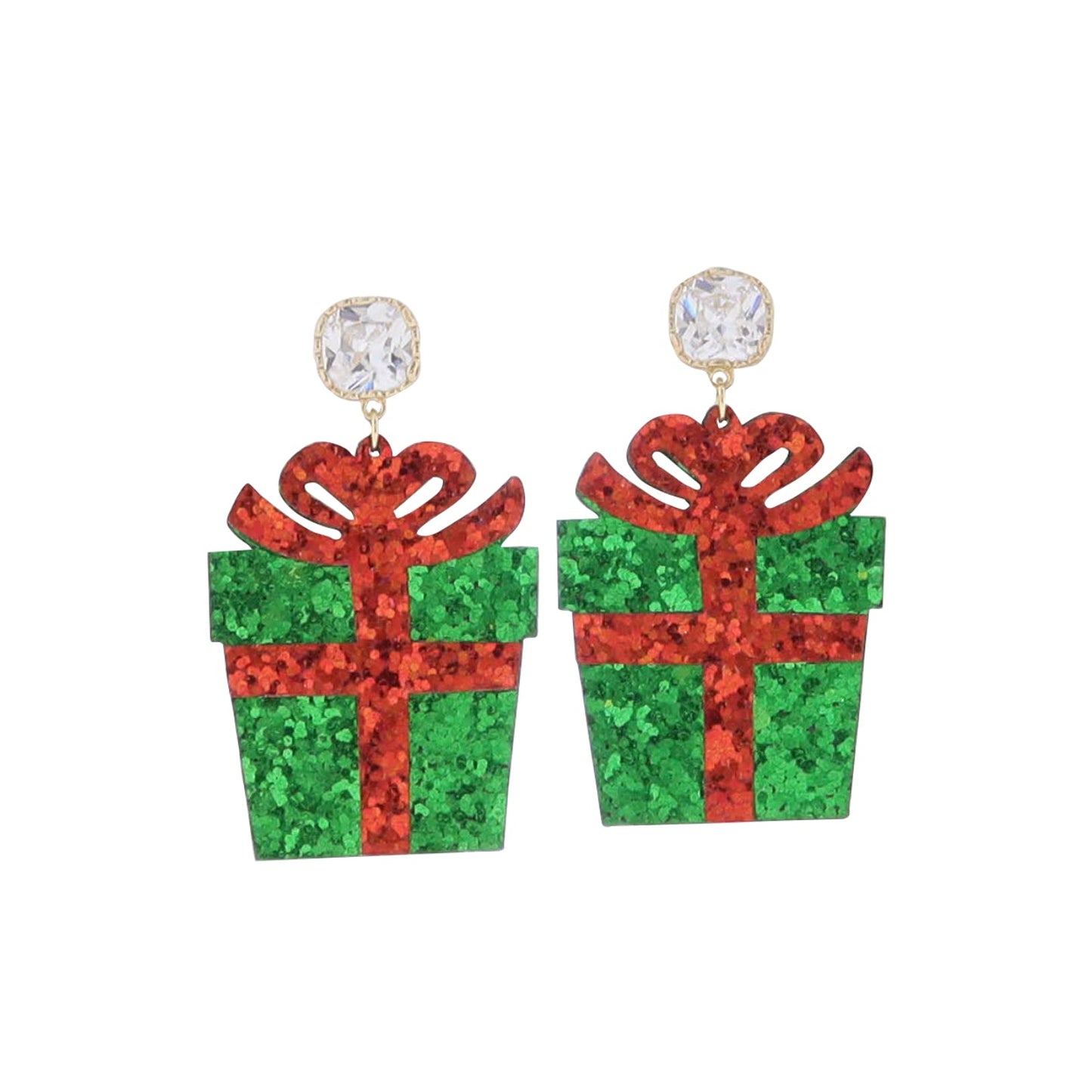 Green gift box earrings with red ribbons on a white background