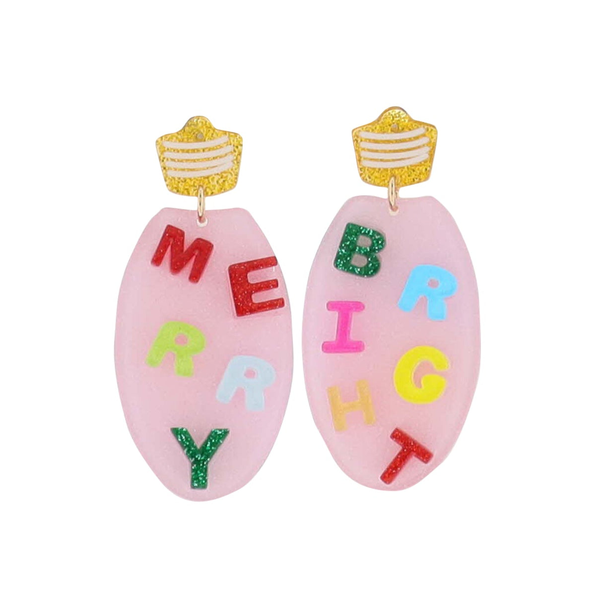 Pair of earrings with colorful letters spelling 'MERRY BRIGHT' on a white background