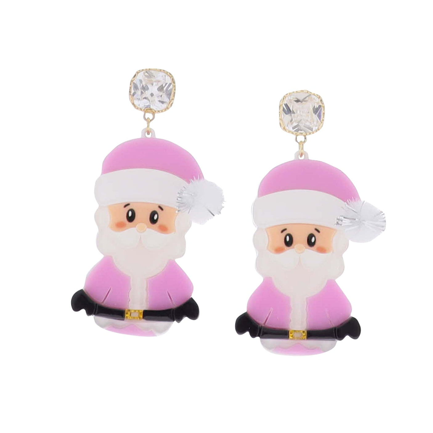 Pink Santa Claus earrings with crystal details on a white background