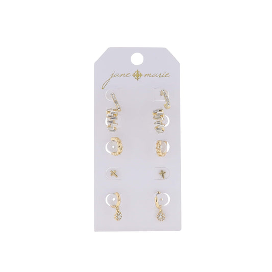 Set of 5, Gold Link Huggie, Gold with Crystals Huggie, Flower, Gold Cross, Gold with Crystals Hoop