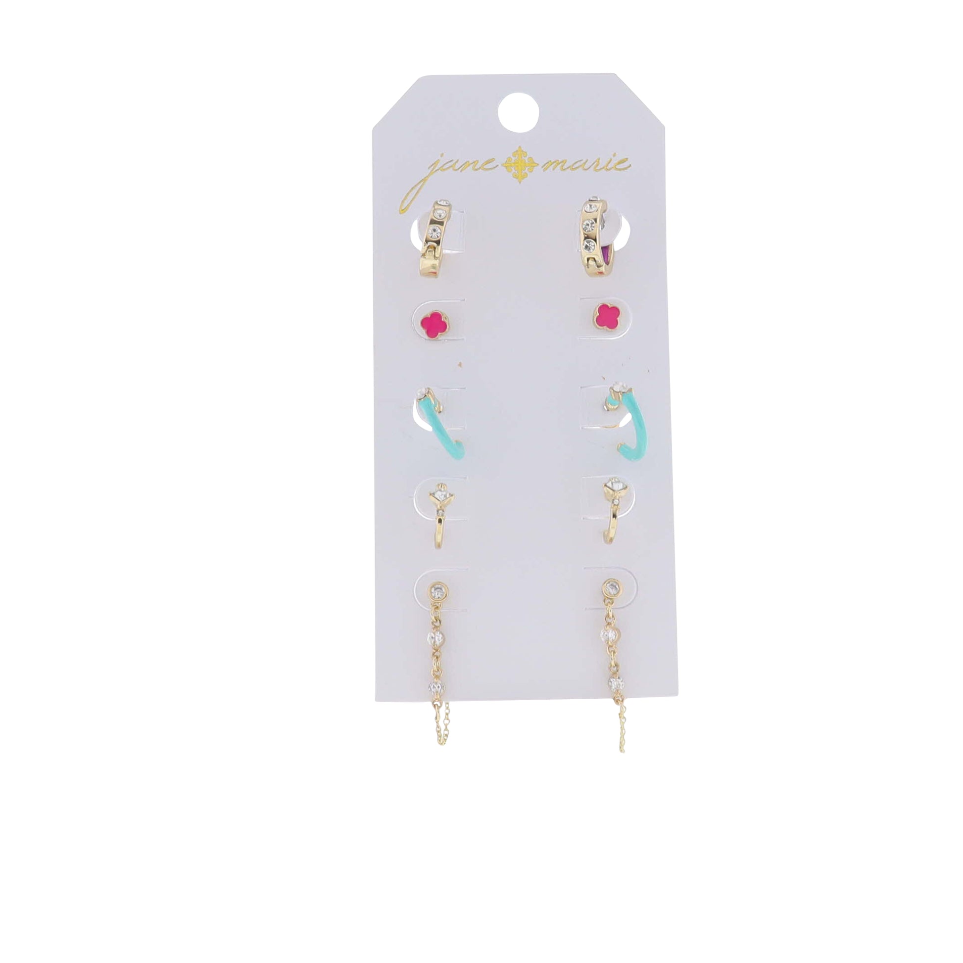 Set of 5, Gold with Purple, Crystal & Chain, Turquoise Hoop, Crystal Hoop, Pink Quatrefoil Earring