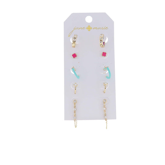 Set of 5, Gold with Purple, Crystal & Chain, Turquoise Hoop, Crystal Hoop, Pink Quatrefoil Earring