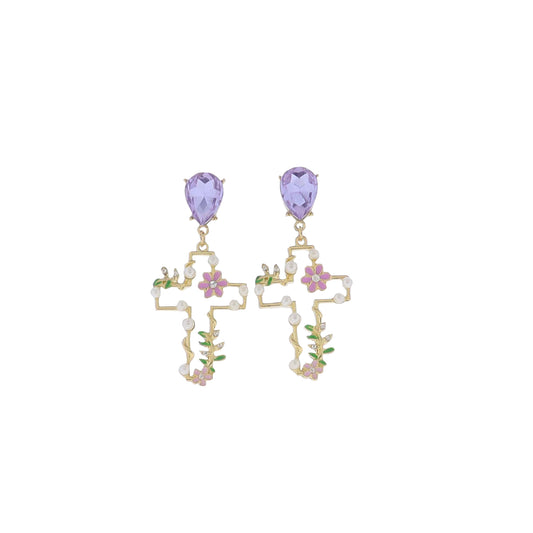 Lavender, White, Green, Gold Crystal Post with Gold Cross with Pearls and Flower Accents Earring