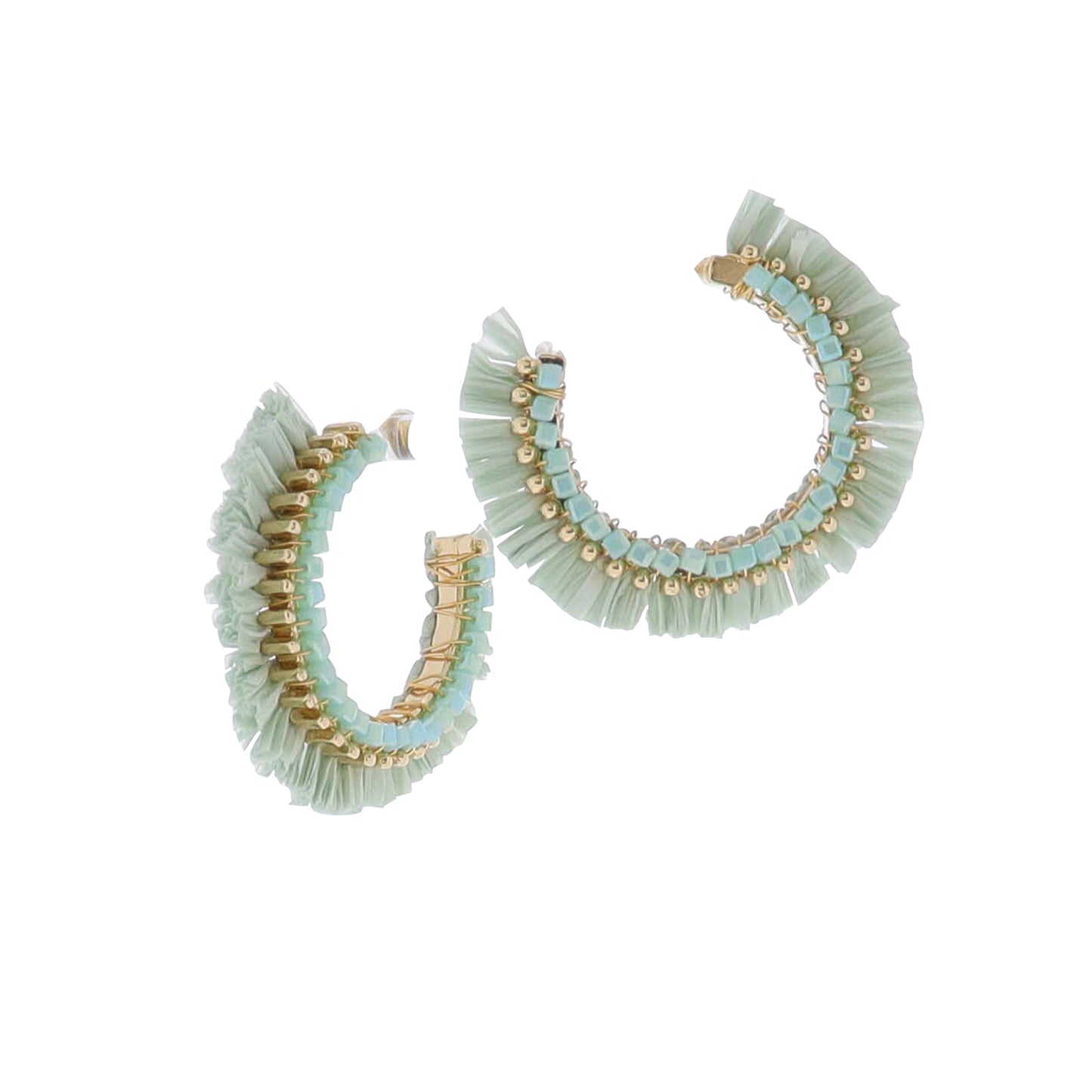 Mint, Gold Raffia Hoop with Gold & Mint Beaded Accents Earring