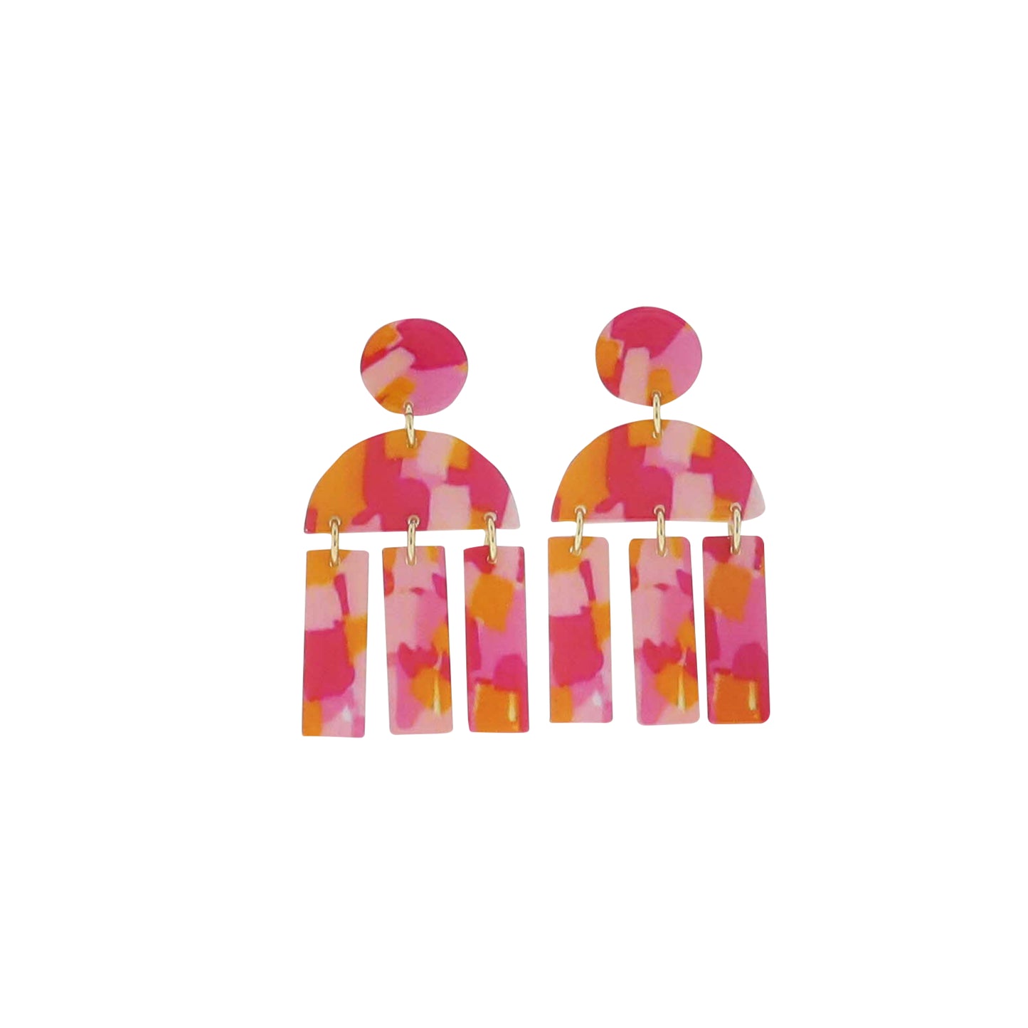 Pink, Orange Acrylic Circle, Half Circle, Rectangles Earring
