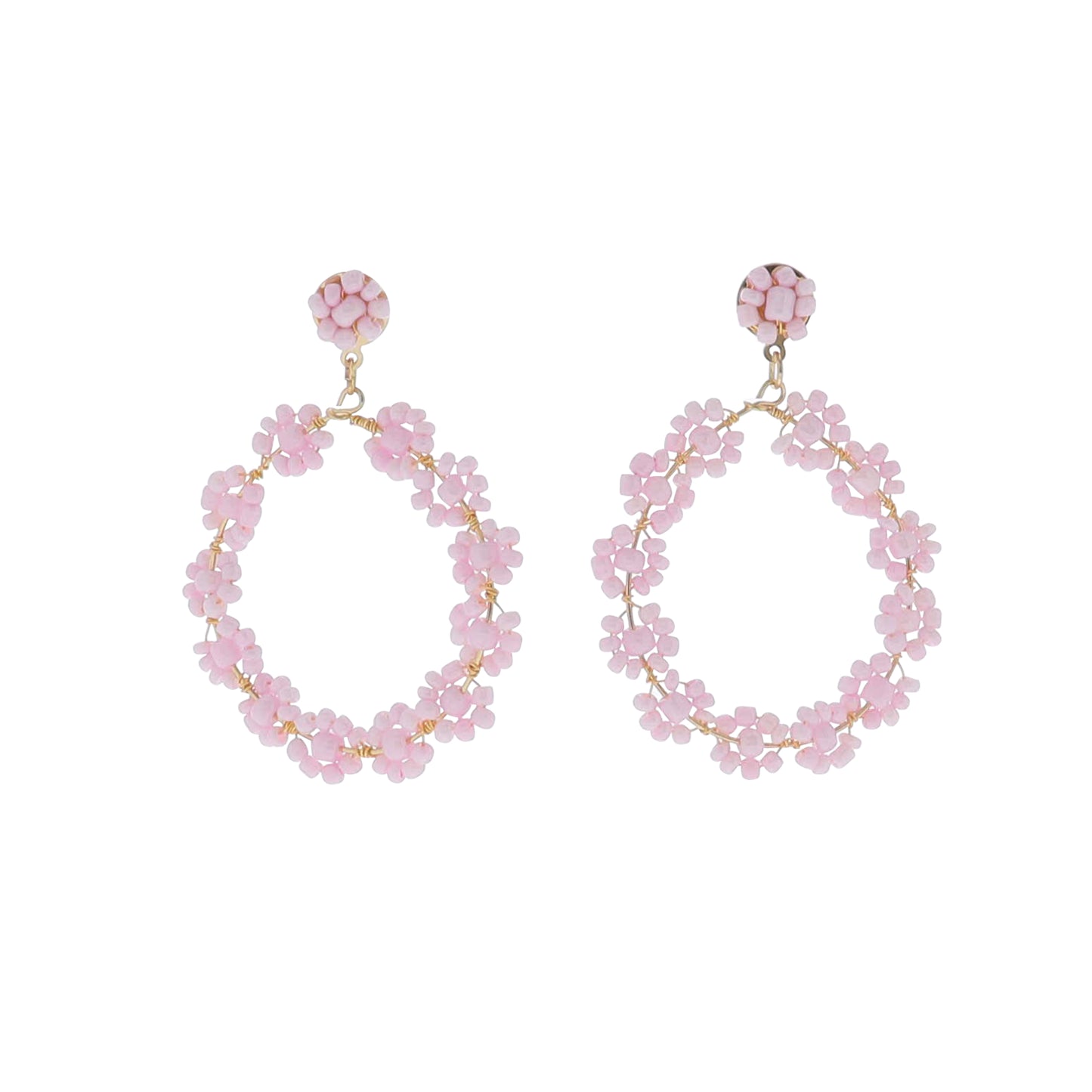 Pink Beaded Flower Hoop with Pink Beaded Flower Post Earring