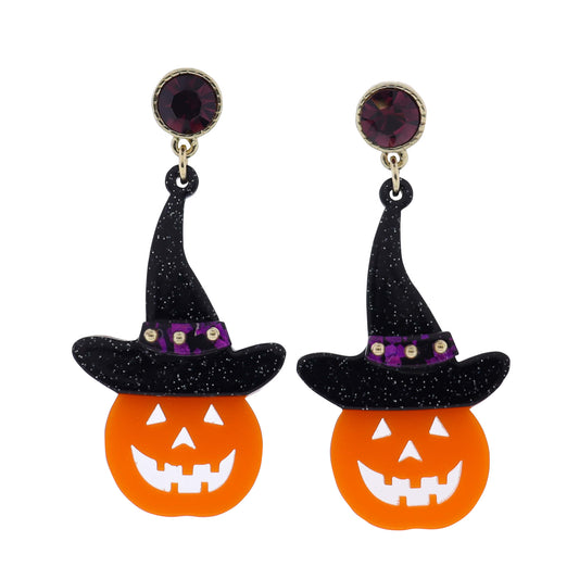 Pumpkin in Witch Hat with Purple Crystal Post Earring