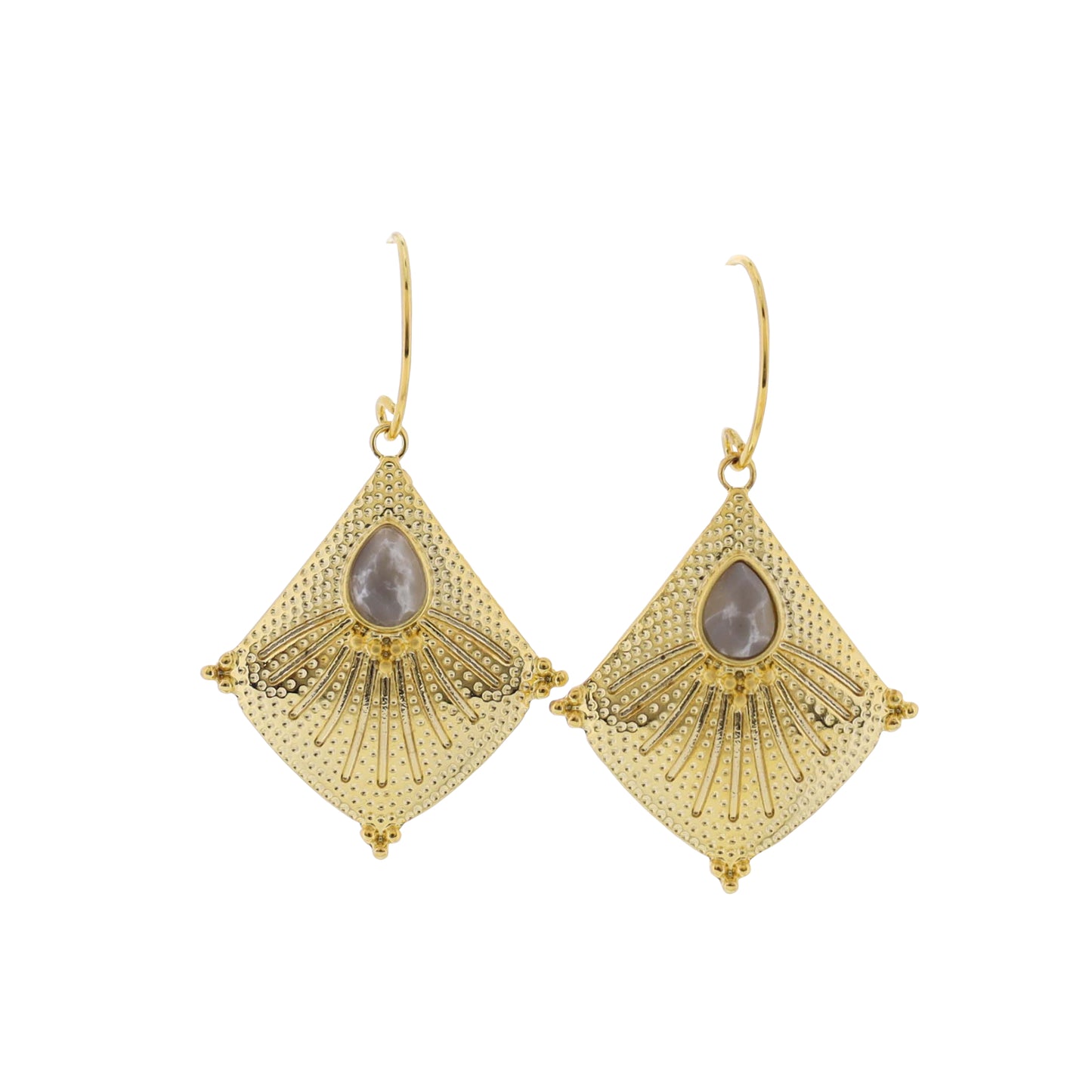 18K Gold Plated Gold Half Hoop Earrings with Gold Dotted Textured Diamond Shape with Natural Stone