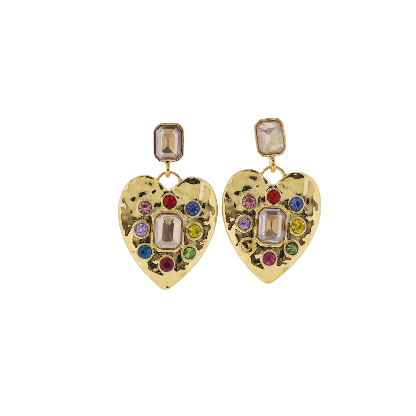 18K Gold Plated Champagne, Gold, Multi Rectangle Crystal Earrings with Crystals in Hammered Heart