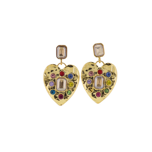 18K Gold Plated Champagne, Gold, Multi Rectangle Crystal Earrings with Crystals in Hammered Heart