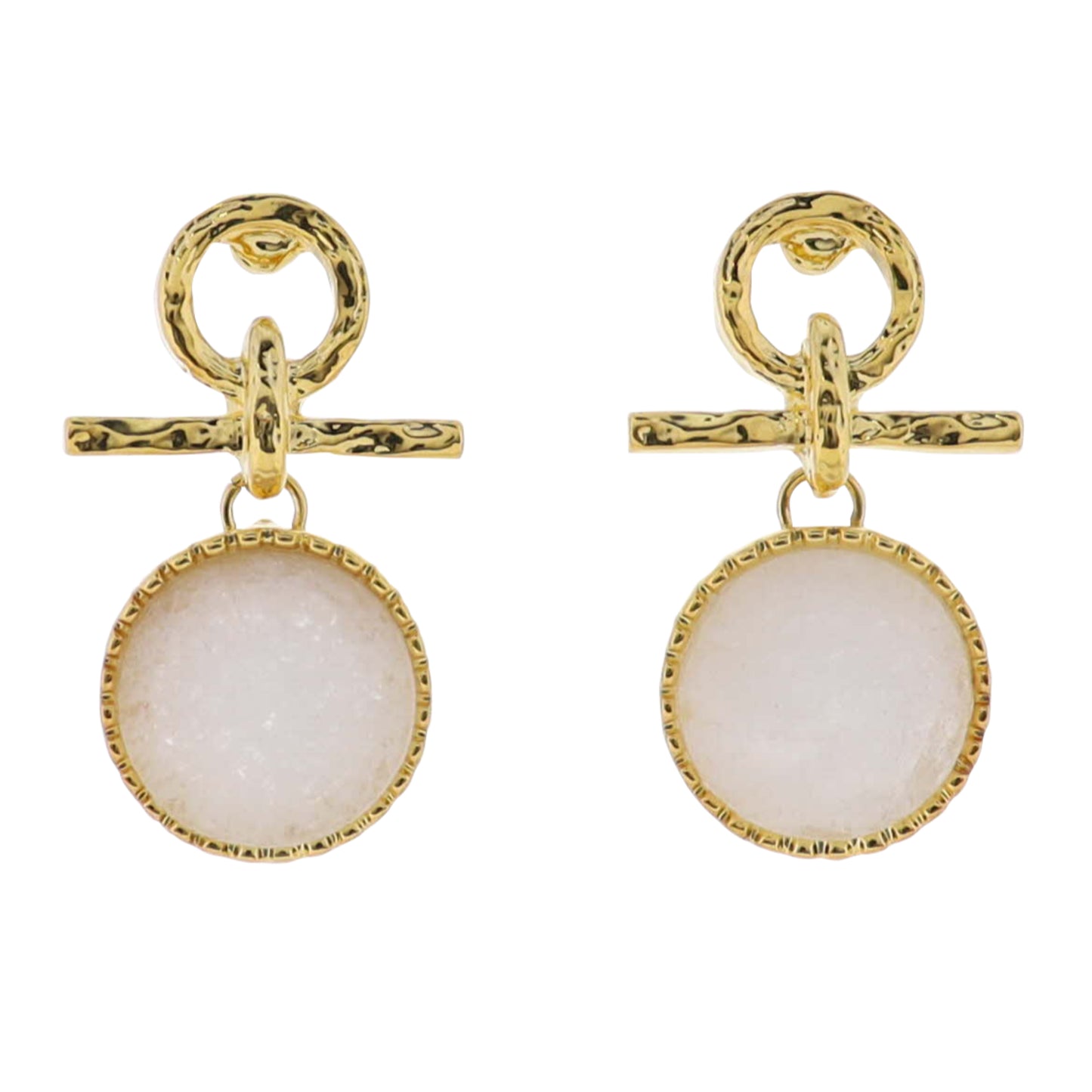 18K Gold Plated Gold, White Circle Post, Line Earrings with White Stone Circle