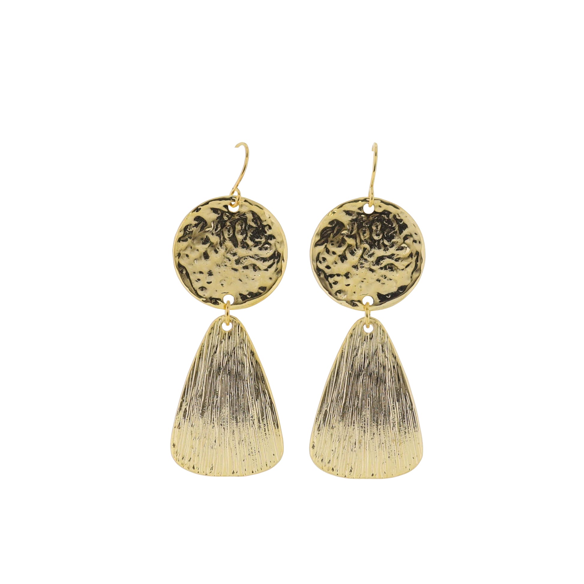18K Gold Plated Hammered Disk Earrings with Textured Rounded Triangle