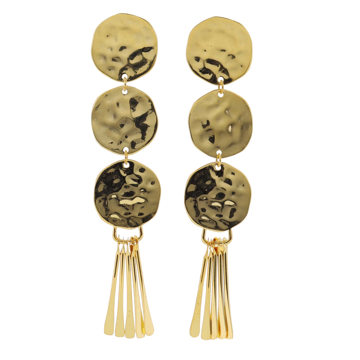 18K Gold Plated Gold Hammered Descending Disks Earrings with Gold Fringe