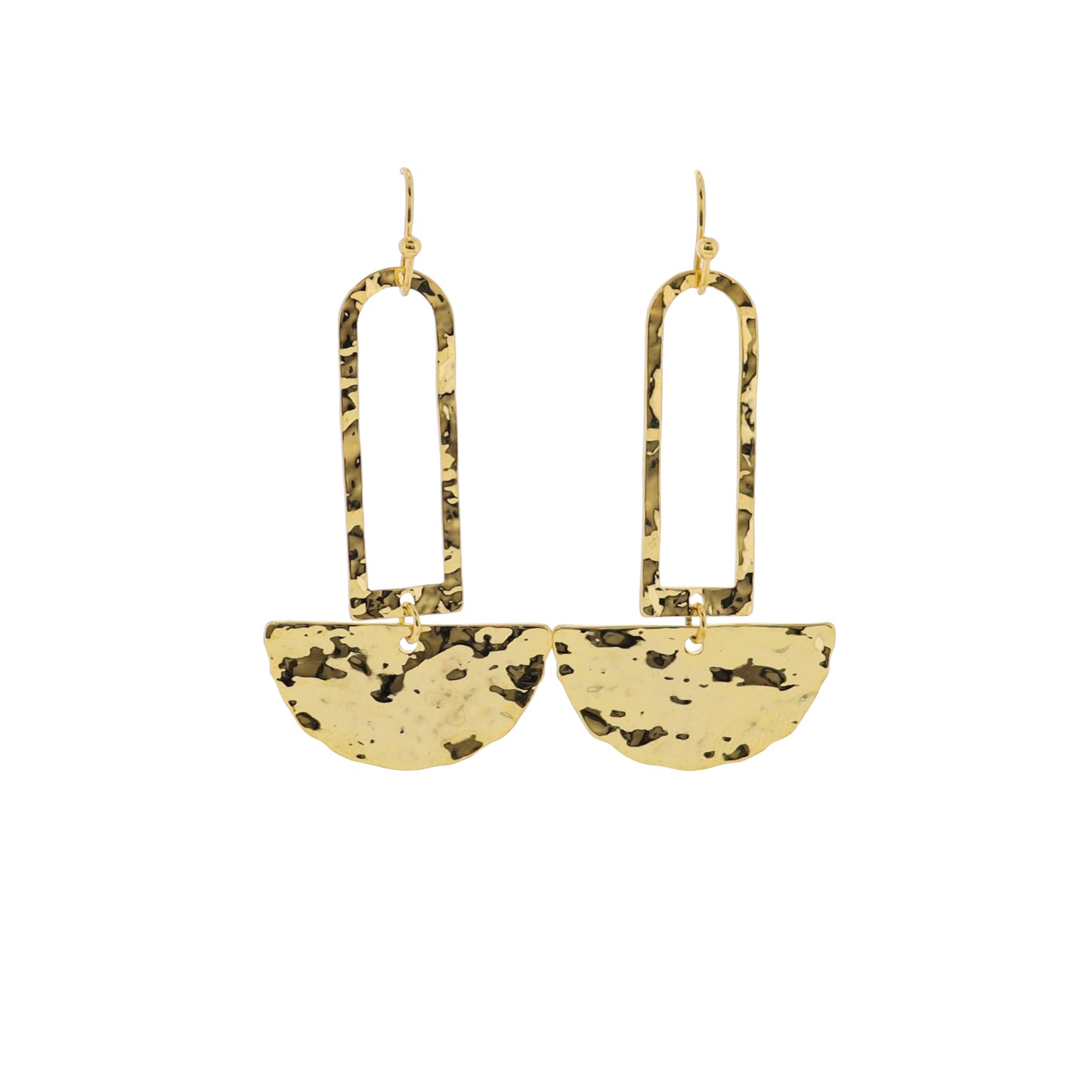 18K Gold Plated Gold Open Rounded Rectangle Earrings with Gold Hammered Half CIrcle