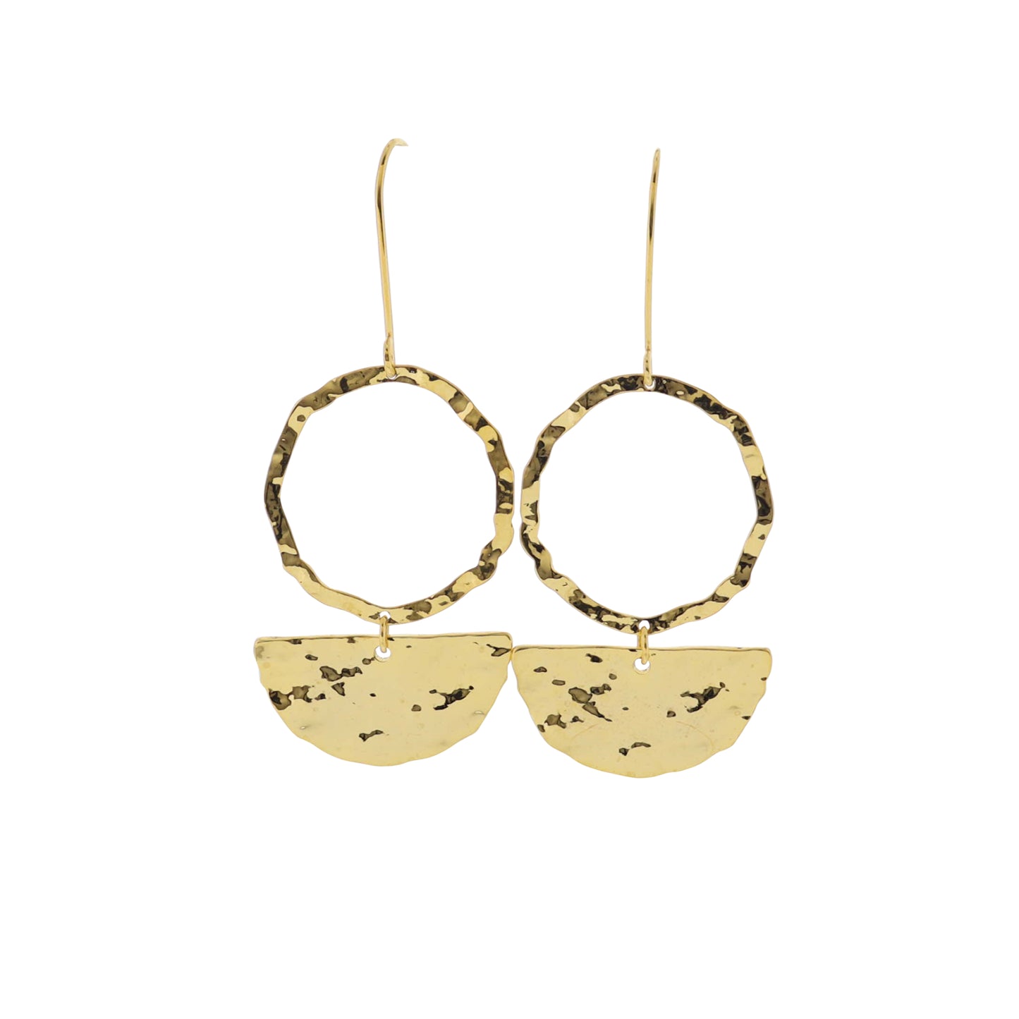 18K Gold Plated Gold Threader wit Hammered Open Circle Earrings with Gold Hammered Half Circle