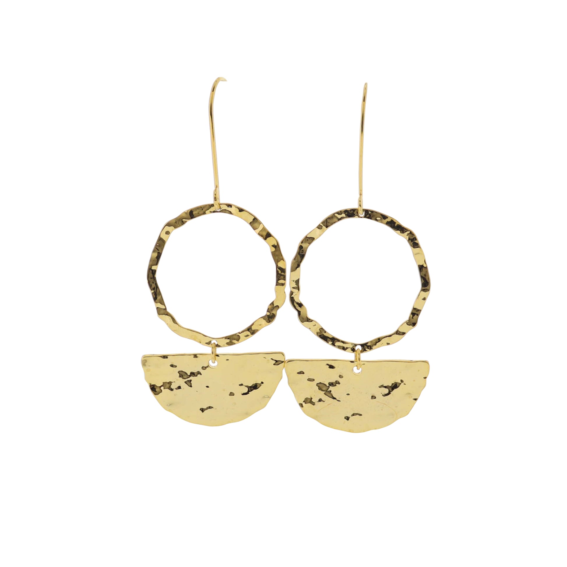 18K Gold Plated Gold Threader wit Hammered Open Circle Earrings with Gold Hammered Half Circle