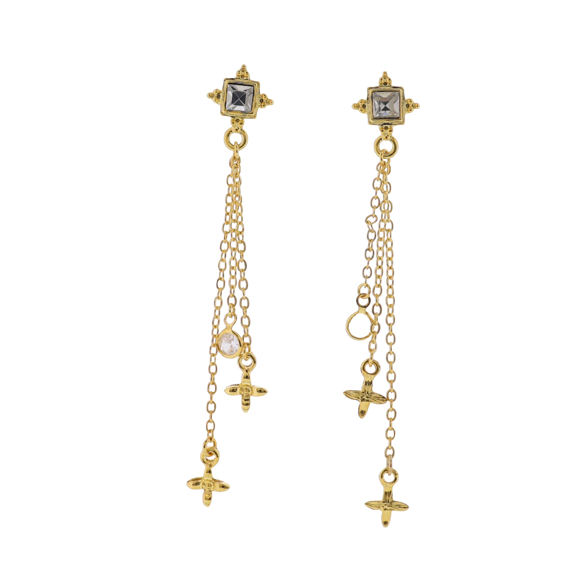 18K Gold Plated Gold, Crystal Square Earrings with Gold Chain Fringe wirh Crystal & Cross Accents