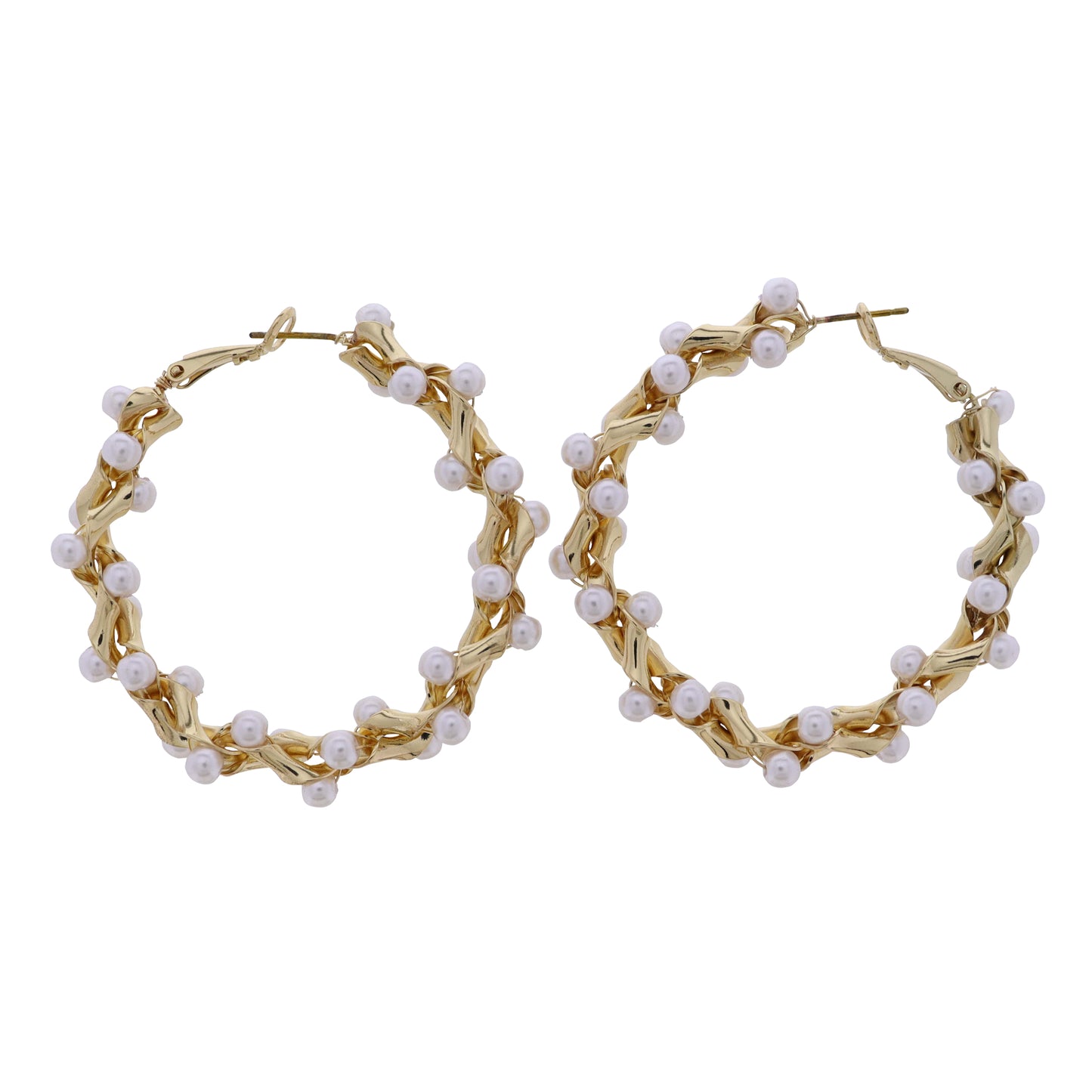 Gold, Pearl Twisted Large Hoop Earrings with Pearls