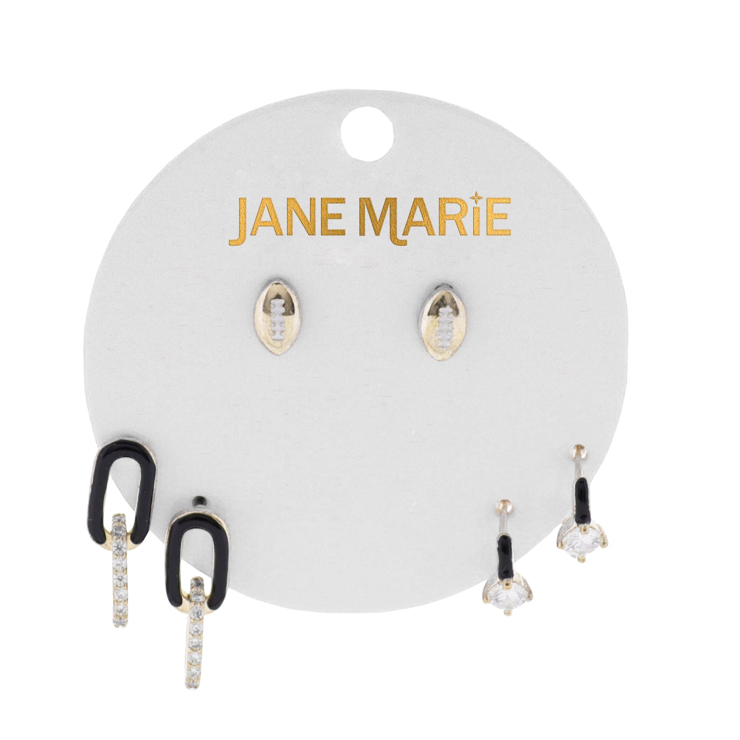 Gold, Black Enamel Set of 3, Football, Oval & Crystal Link, Circle Crystal Huggie Earring