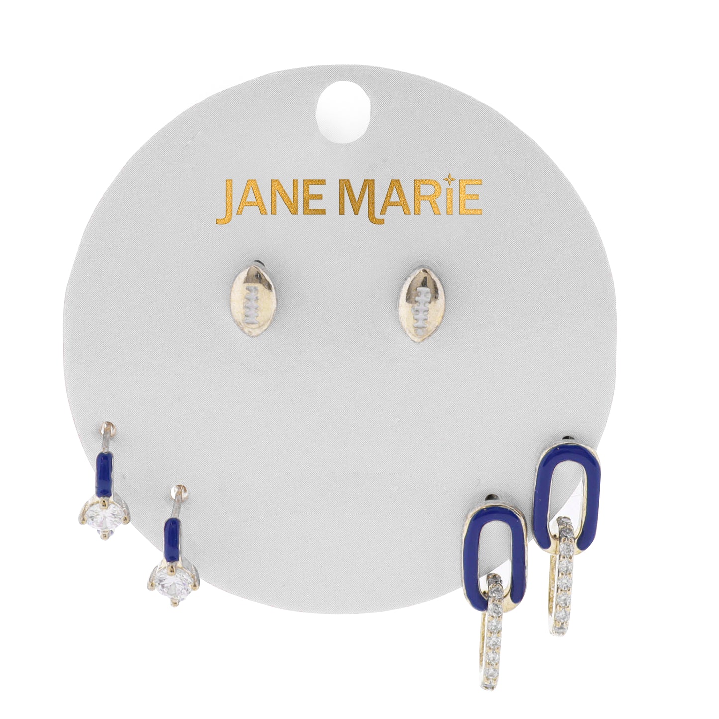 Gold, Royal Enamel Set of 3, Football, Oval & Crystal Link, Circle Crystal Huggie Earring