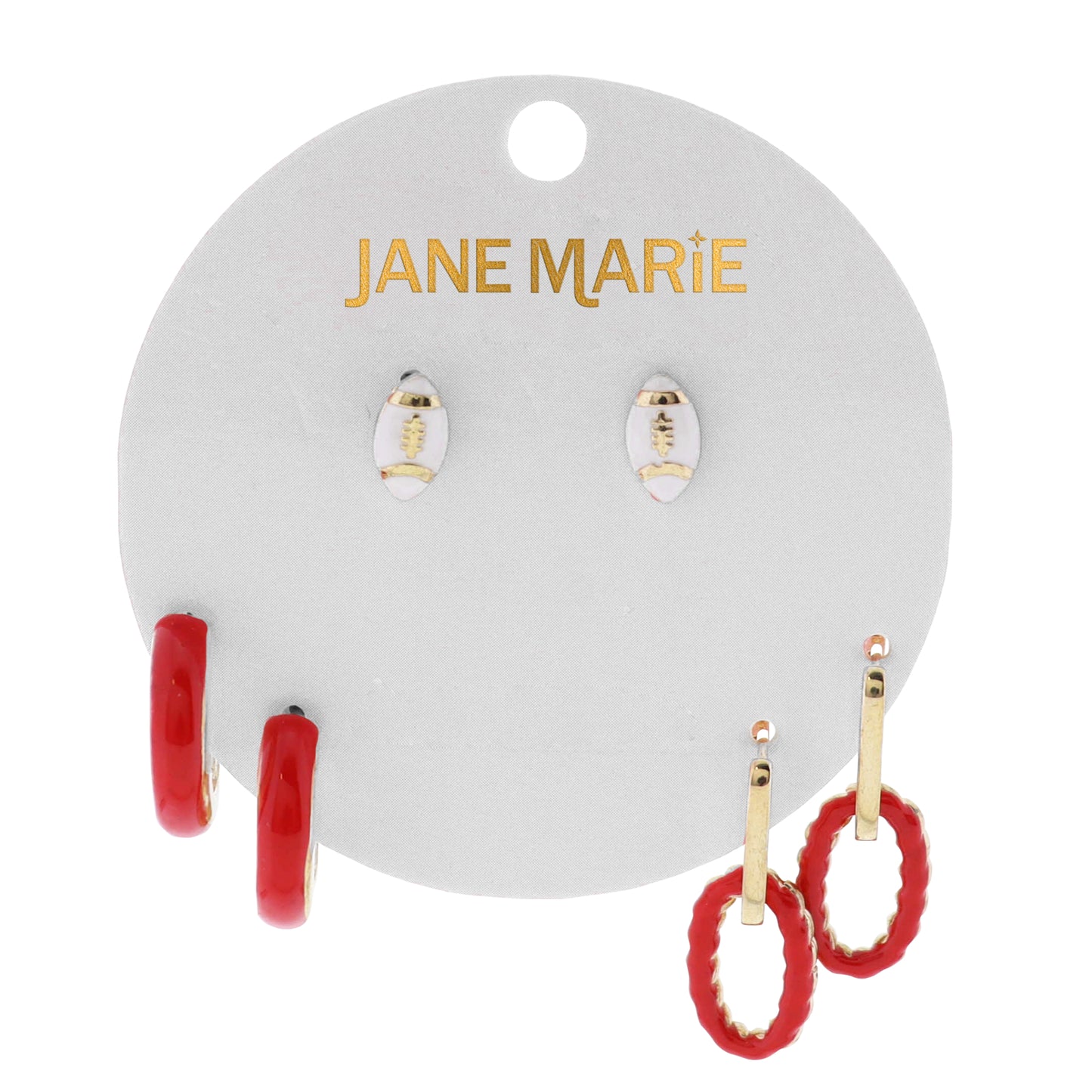 Fashion White, Red, Gold Set of 3, Football, Hoop, Oval Link Huggie Earring