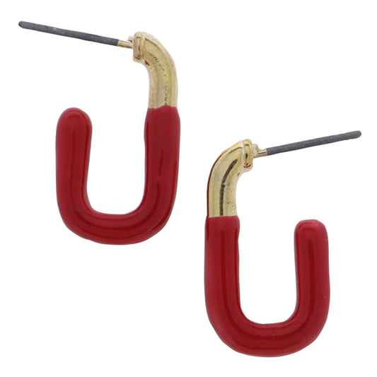 Red, Gold Enamel Square Huggie Earring