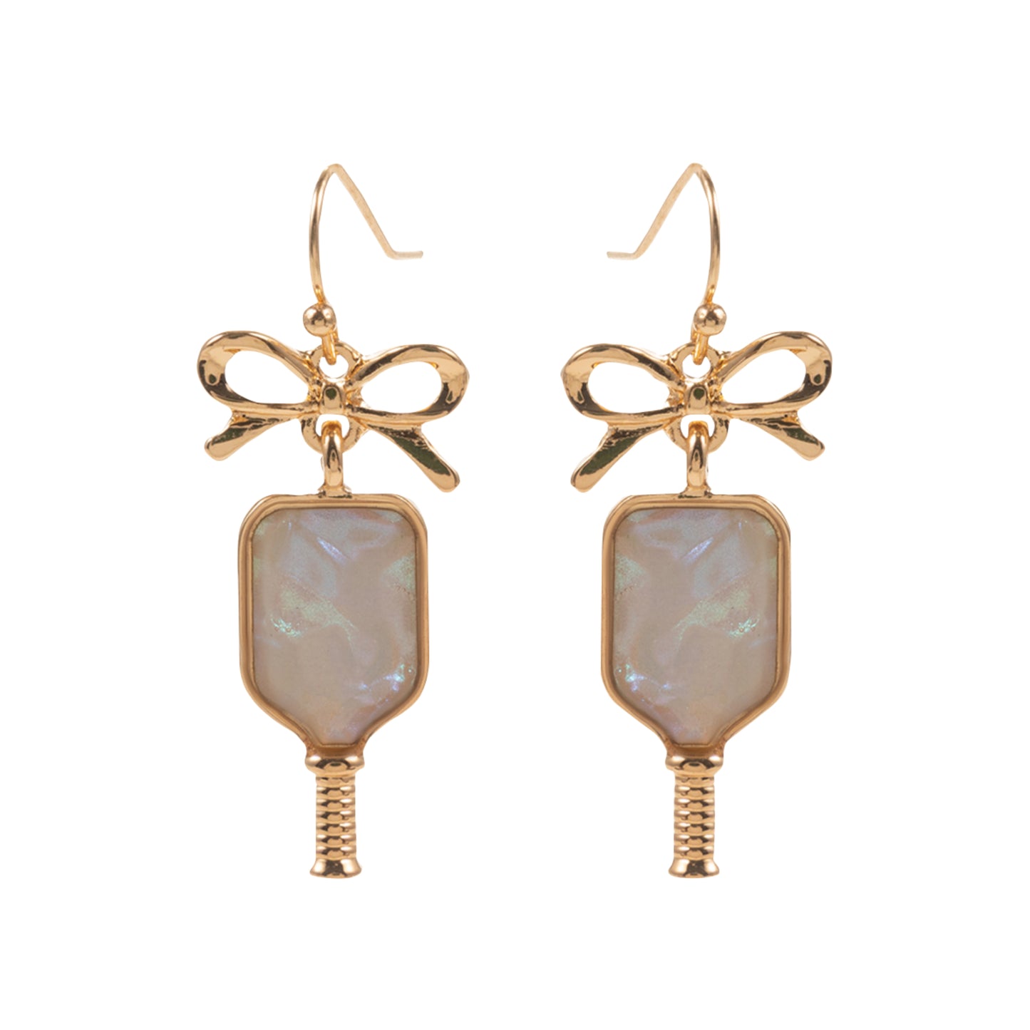 Gold, White Pickleball Paddle Earrings with Bow Post