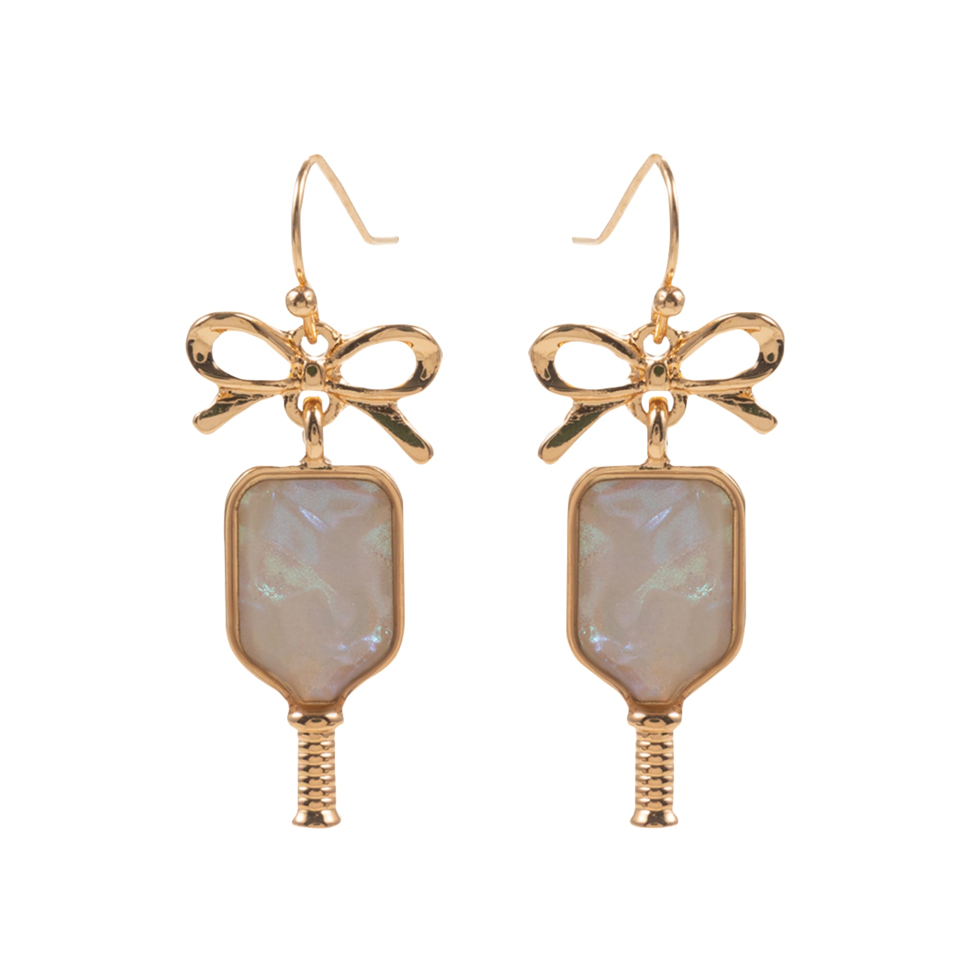 Gold, White Pickleball Paddle Earrings with Bow Post