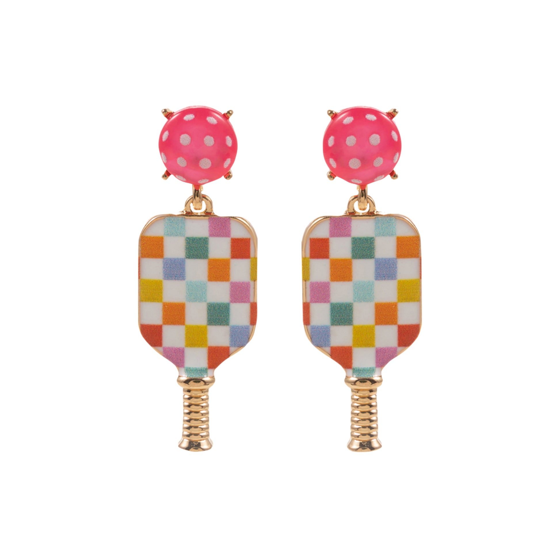 Checkered Print Multi, Gold Pickleball Paddle Earrings