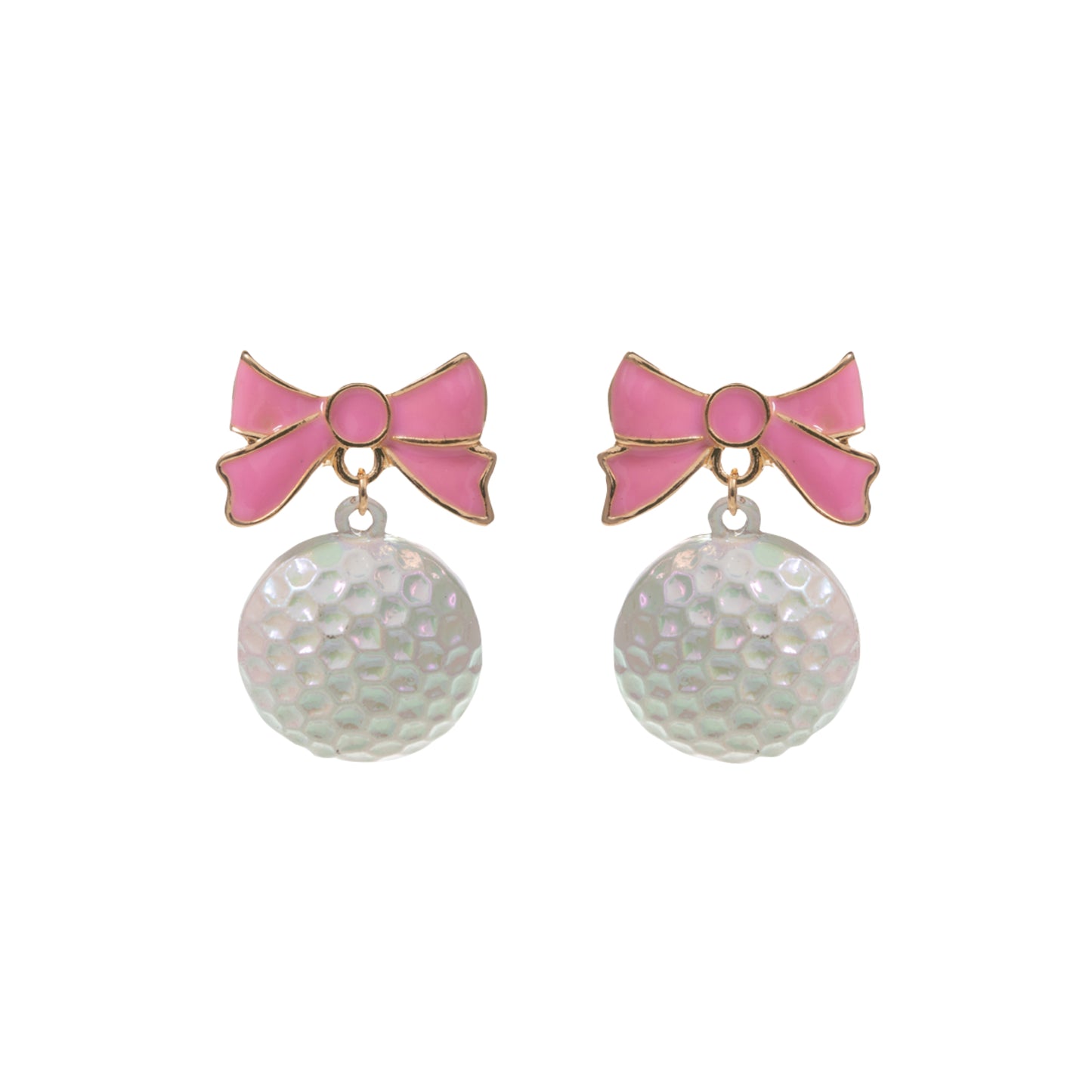 White Golf Ball Earrings with Pink & Gold Bow