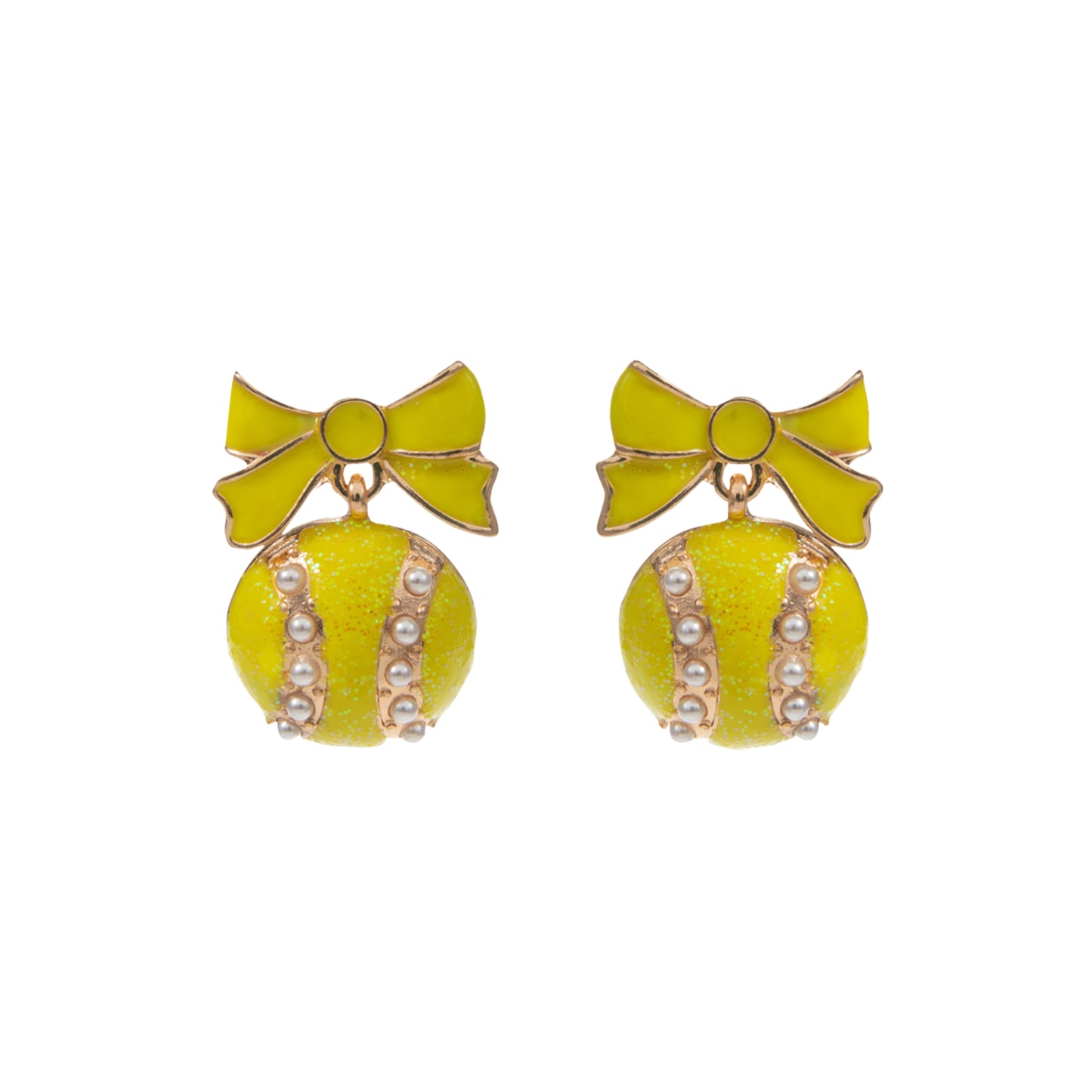 Yellow, Gold & Pearl Tennis Ball Earrings with Yellow Bow Post