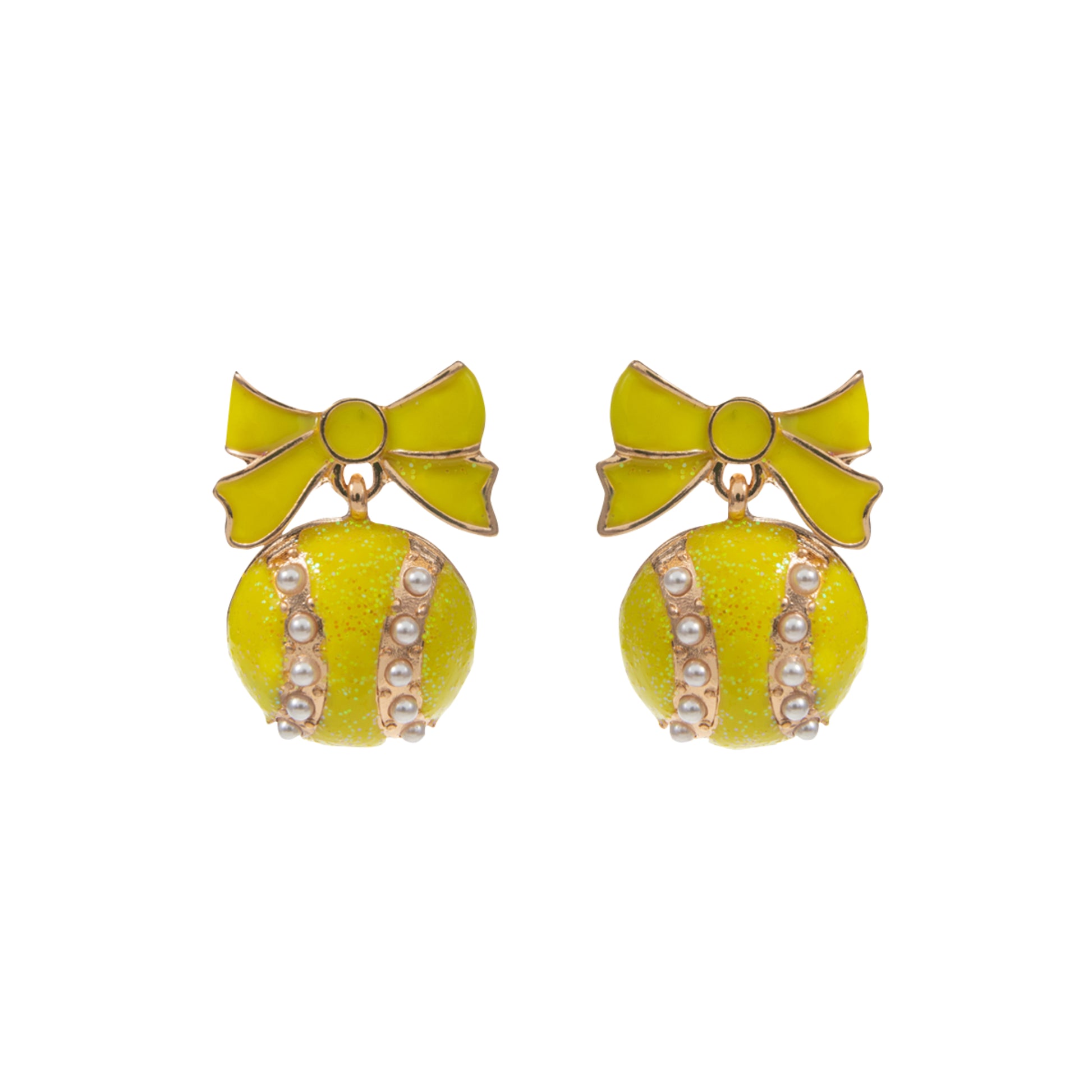 Yellow, Gold & Pearl Tennis Ball Earrings with Yellow Bow Post