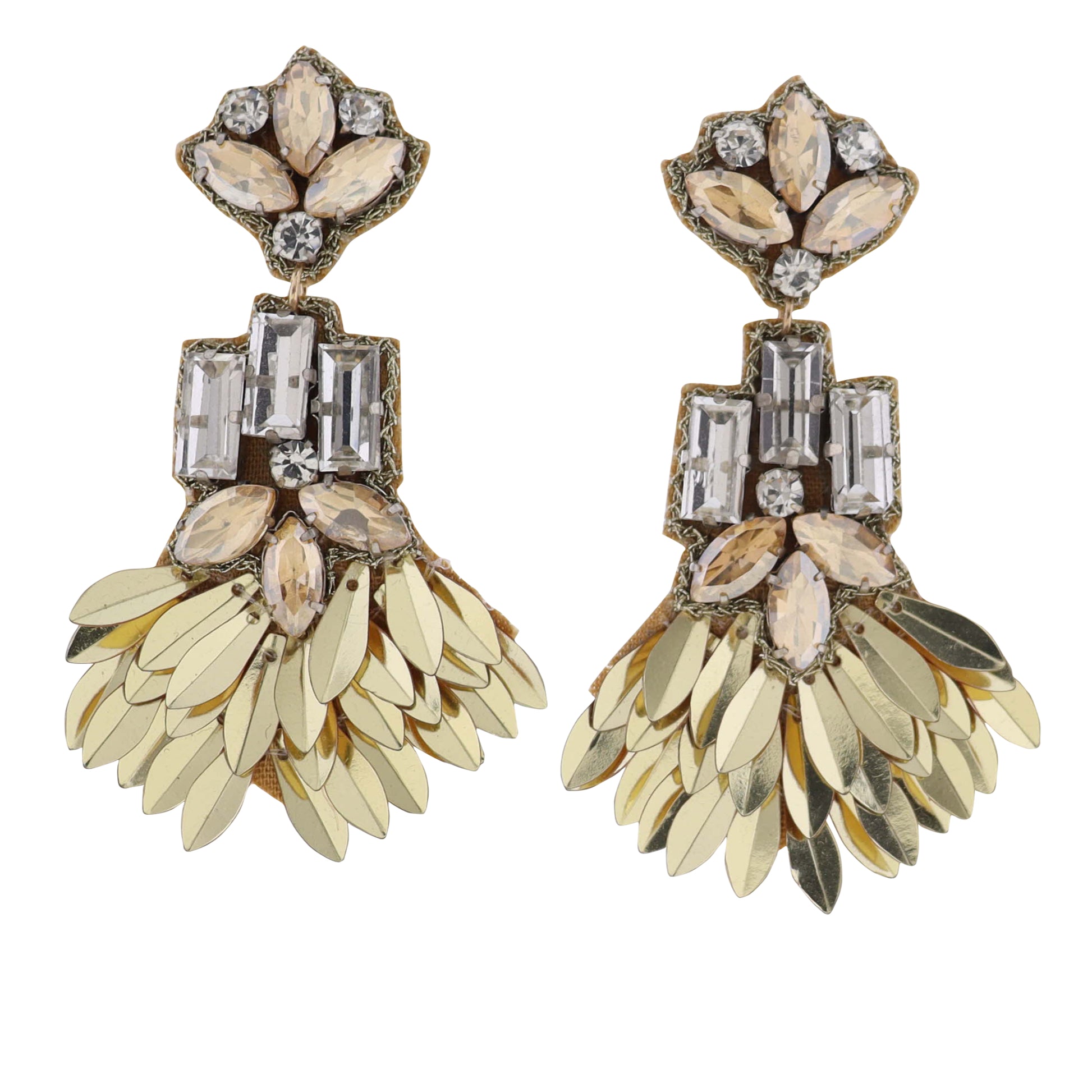Gold Sequin Fan Earring with Clear Crystals