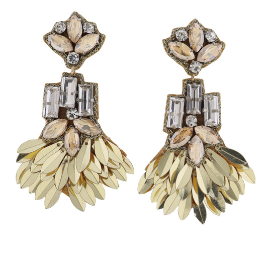 Gold Sequin Fan Earring with Clear Crystals