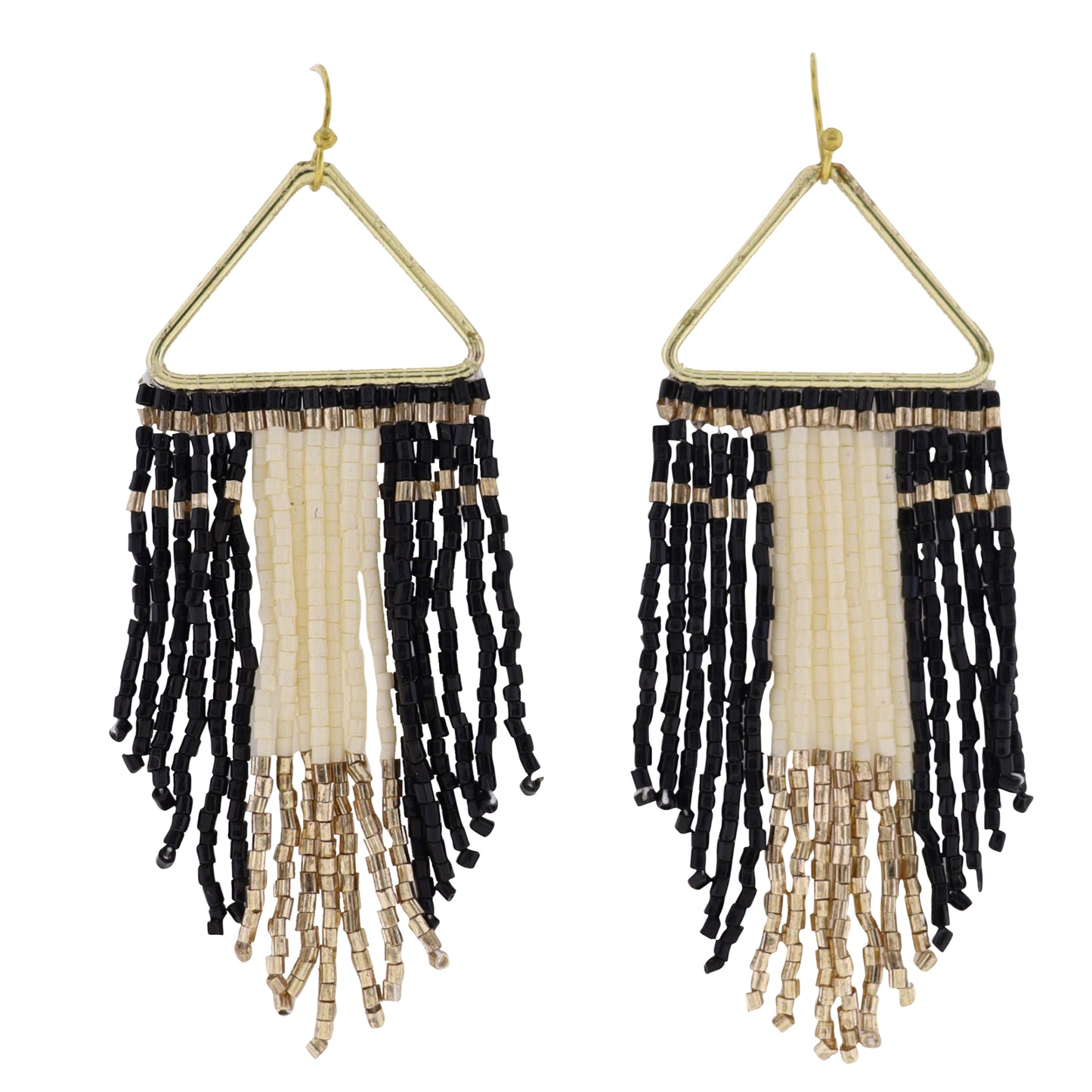 Gold Triangle Earring with Black, Gold, White Beaded Fringe