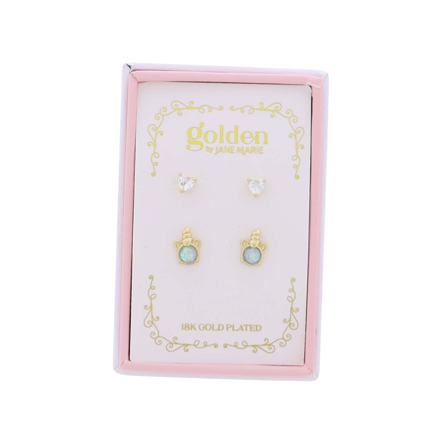 Kids 18K Gold Plated Set of 2 Heart & Opal Unicorn Stud Earrings