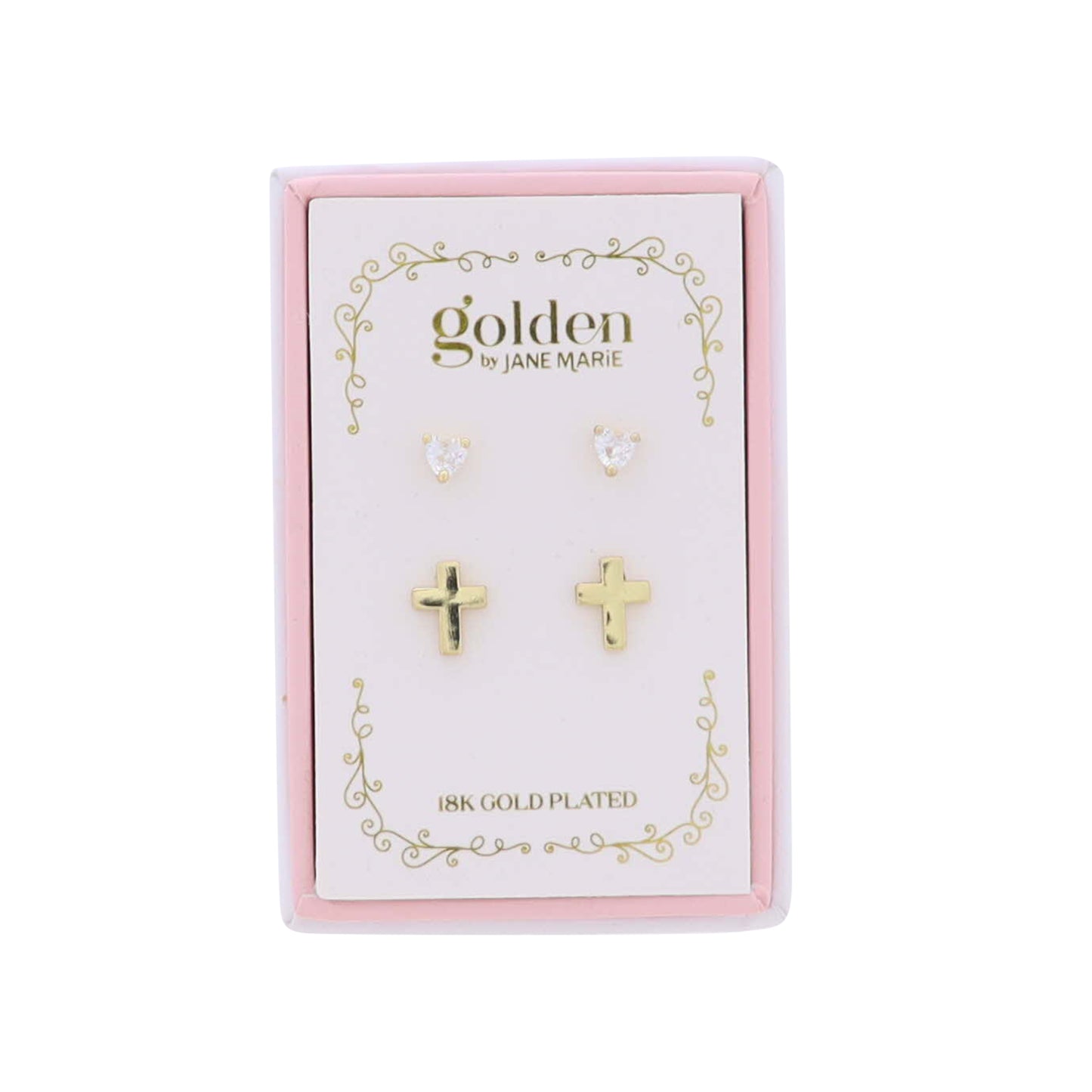 Kids 18K Gold Plated Set of 2 Heart & Gold Cross Stud Earrings