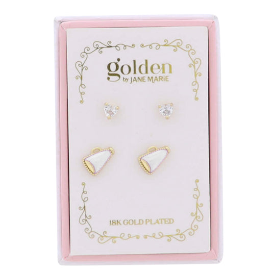 Kids 18K Gold Plated Set of 2 Heart & White Megaphone Stud Earrings