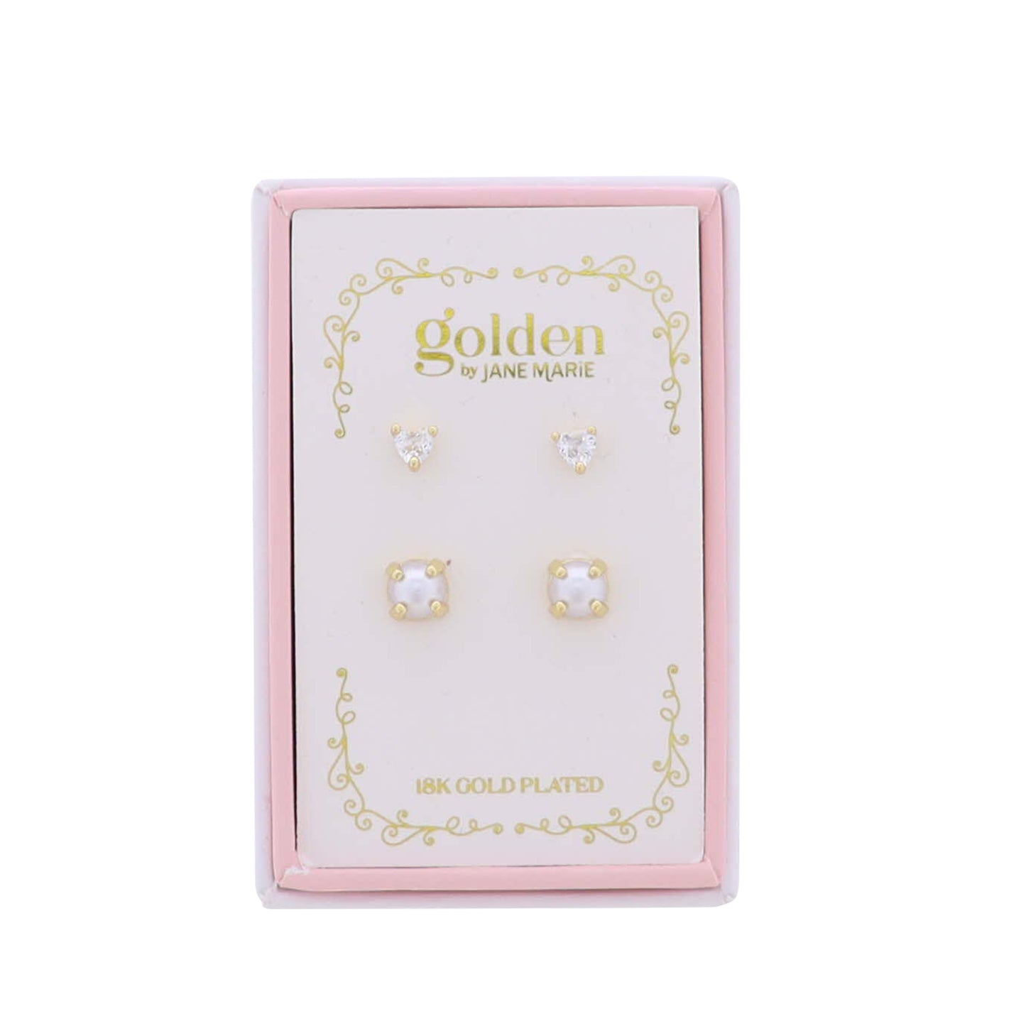 Kids 18K Gold Plated Set of 2 Heart & Purple Cabachon Stud Earrings