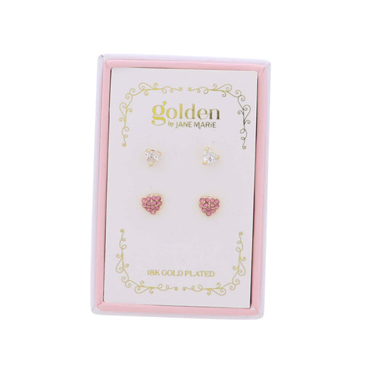 Kids 18K Gold Plated Set of 2 Clear Heart & Pink Heart Stud Earrings