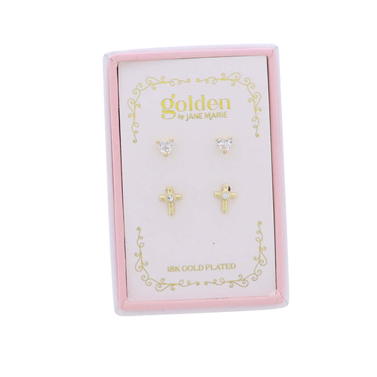 Kids 18K Gold Plated Set of 2 Heart & Cross Stud Earrings