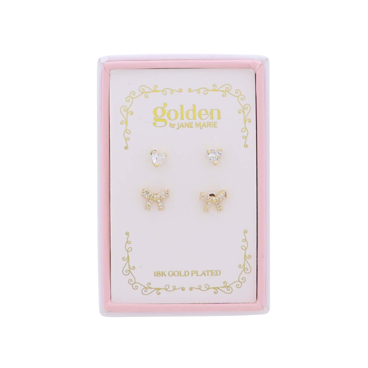 Kids 18K Gold Plated Set of 2 Heart & Bow Stud Earrings