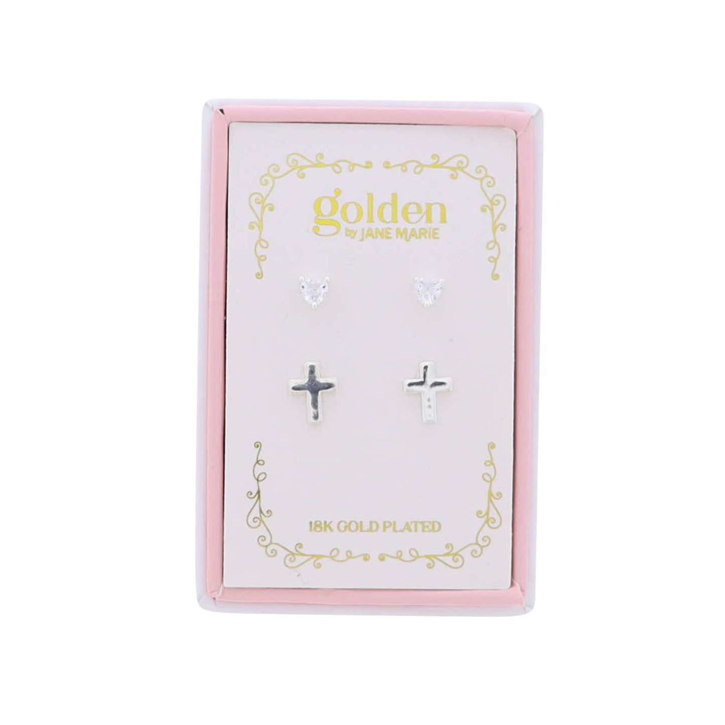 Kids 18K Gold Plated Set of 2 Heart & Silver Cross Stud Earrings