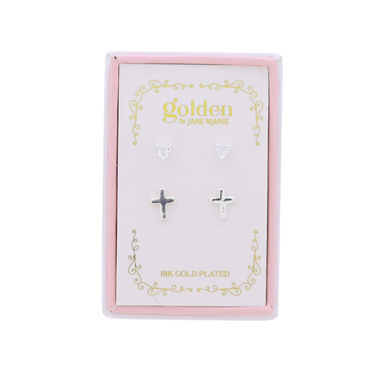 Kids 18K Gold Plated Set of 2 Heart & Silver Cross Stud Earrings