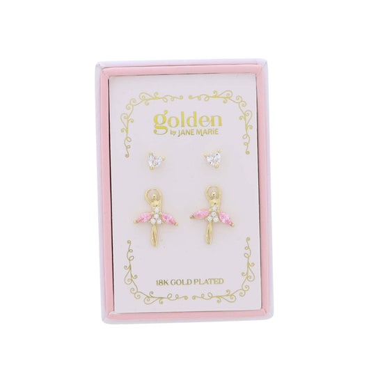 Kids 18K Gold Plated Set of 2 Heart & Pink Ballerina Stud Earrings