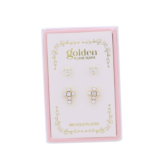 Kids 18K Gold Plated Set of 2 Heart & Pearl Cross Stud Earrings
