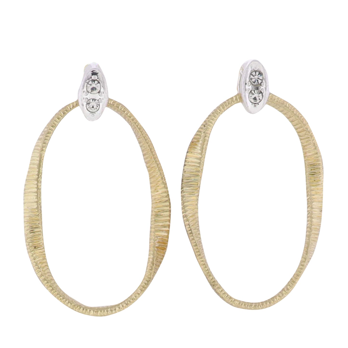 Gold Textured Open Oval Earring with Silver Crystal Post