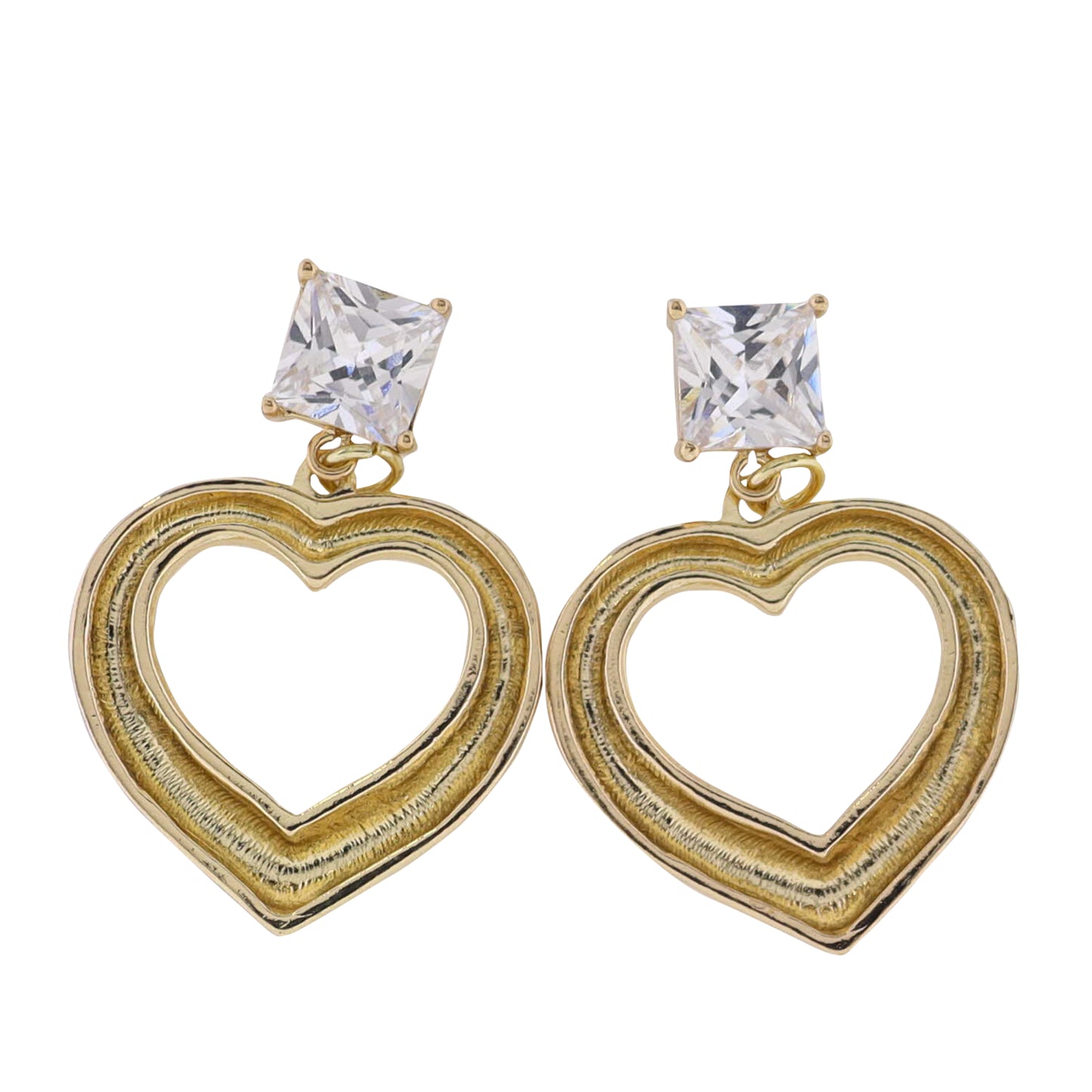 Gold Heart Earring with Clear Crystal Square Post